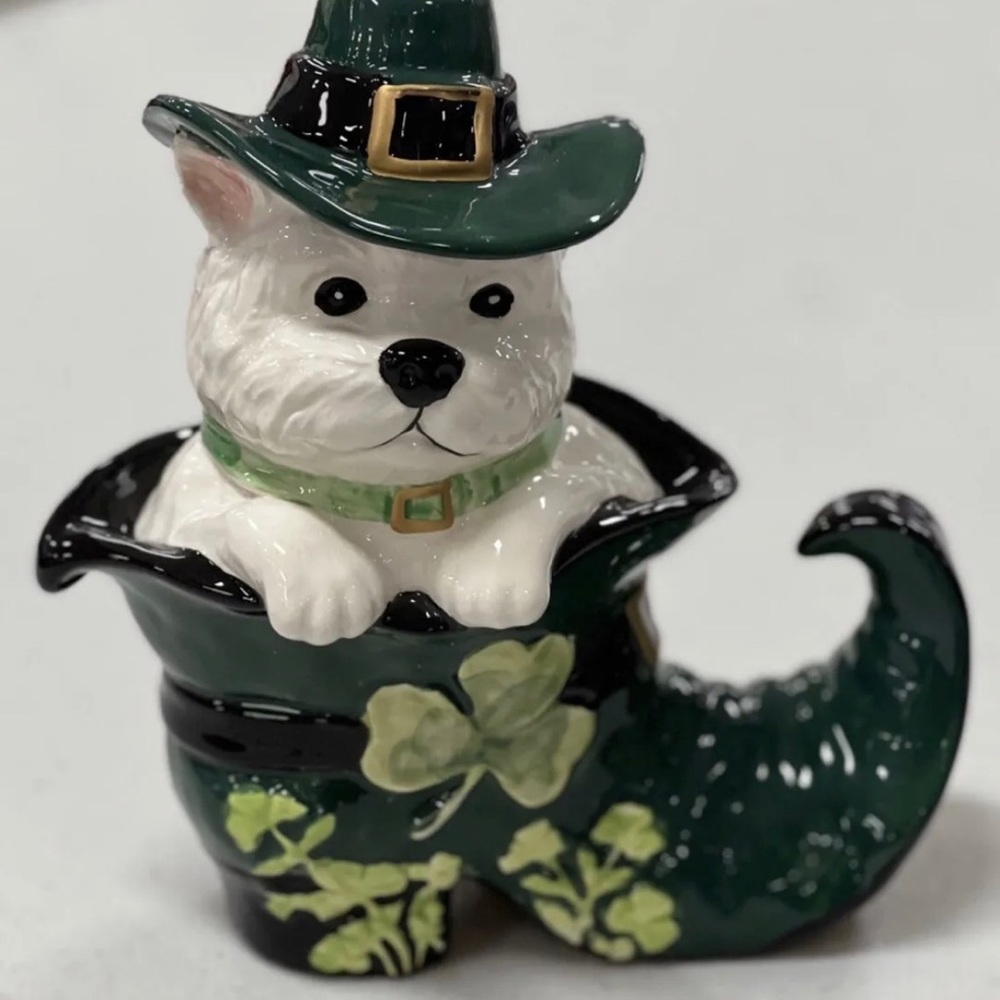 Blue Sky Clayworks St. Patrick's Day White Fluffy Dog in Boot Heather Goldminc